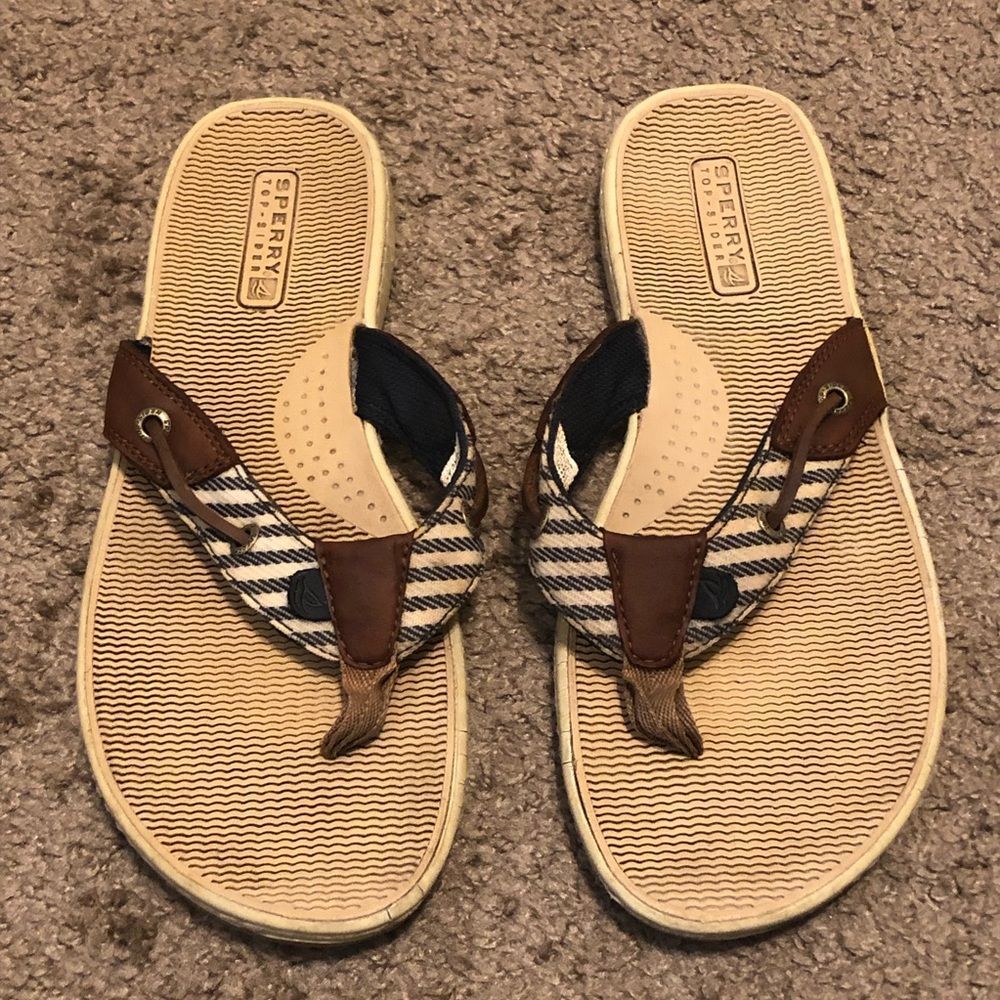 Sperry Women's Seafish Thong Flip Flop Sandals Size 9 M Brown Tan Navy‎